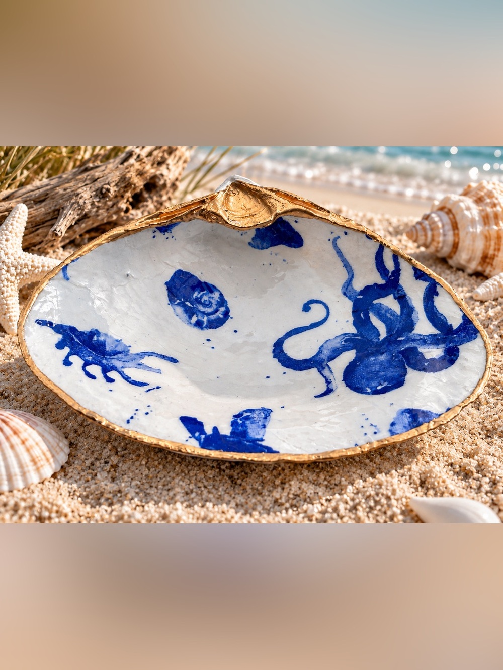 Hand-Painted Blue & Gold Coastal Decorative Shell